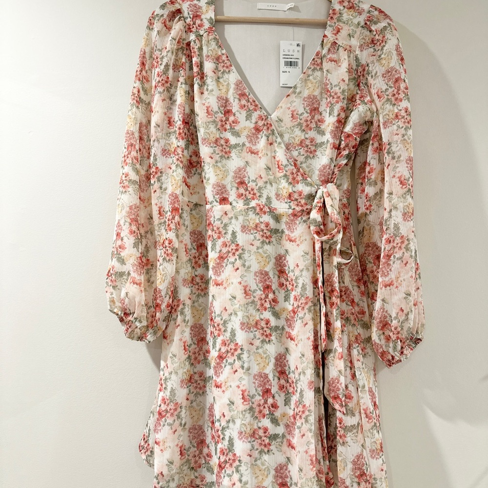 Lush Cream Long Sleeve Dress with Floral Design - Picture 2 of 9